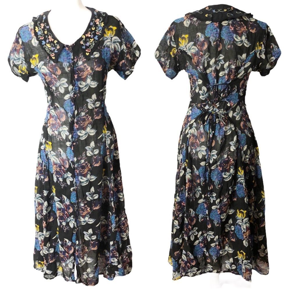 Vintage Floral Embroidered Collar Dress Size 4